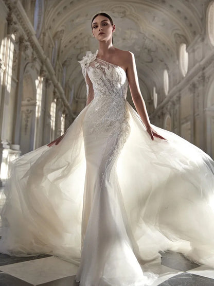 Gorgeous & Charming Mermaid Wedding Dresses One Shoulder Appliqued Beads Tulle Sweep Train Bridal Gowns Custom Made