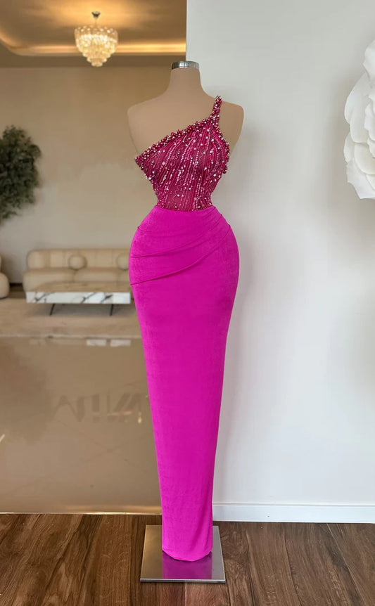 RP599-Elegant Fuchsia Mermaid One Shoulder Sequins Sleeveless Velvet Floor Length Prom Evening Dresses Formal Party Gowns