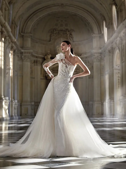 Gorgeous & Charming Mermaid Wedding Dresses One Shoulder Appliqued Beads Tulle Sweep Train Bridal Gowns Custom Made