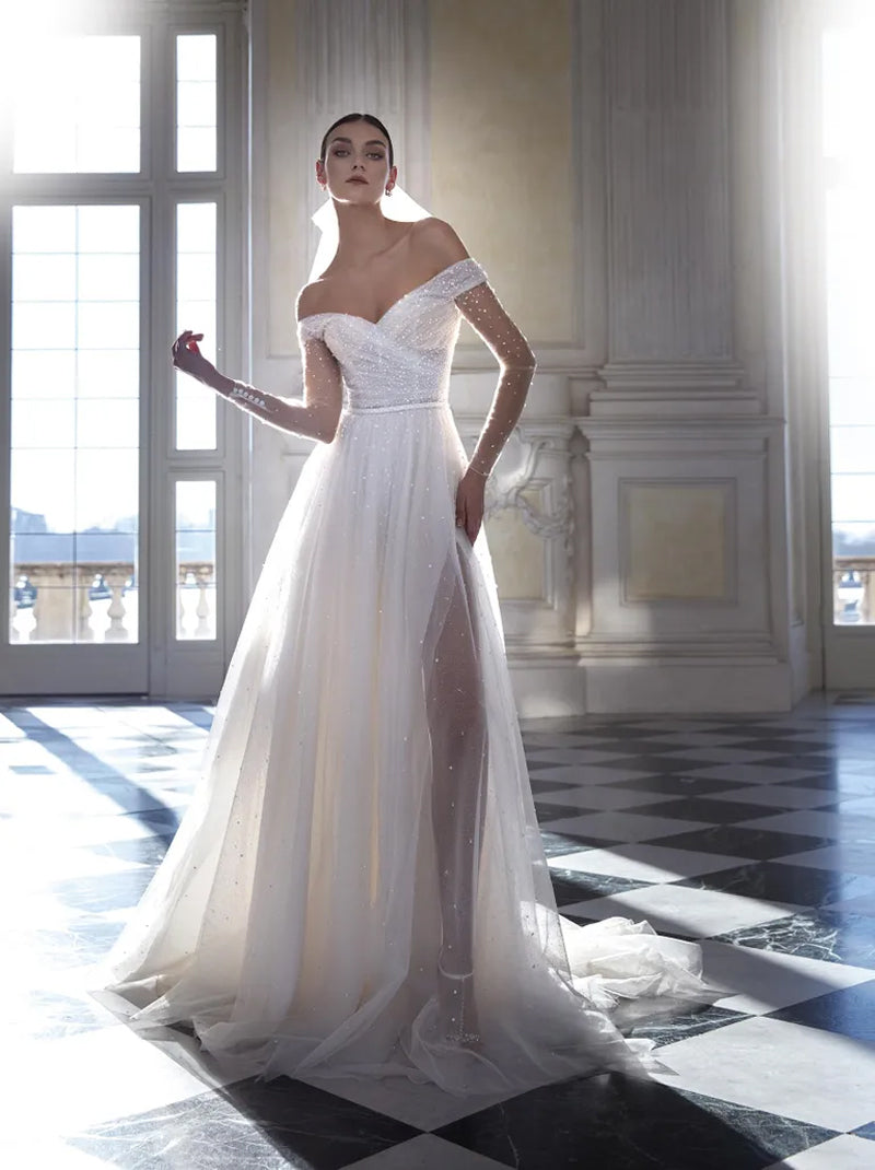 Sparkling A-Line Wedding Dresses Off The Shoulder Sequins Tulle Sweep Train Bridal Gowns With Slit