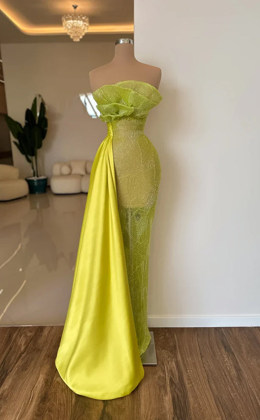 RP600-Elegant Yellow Mermaid Strapless Sleeveless Tulle Floor Length Long Prom Evening Dresses Formal Party Gowns