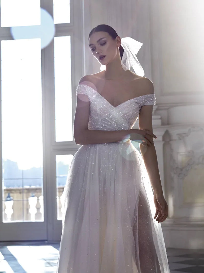 Sparkling A-Line Wedding Dresses Off The Shoulder Sequins Tulle Sweep Train Bridal Gowns With Slit