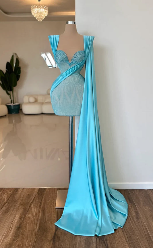 RP5601-Sexy Sky Blue Mermaid Sweetheart Beads Ruched Cap Sleeves Satin Short Prom Evening Dresses Formal Party Gowns With Train