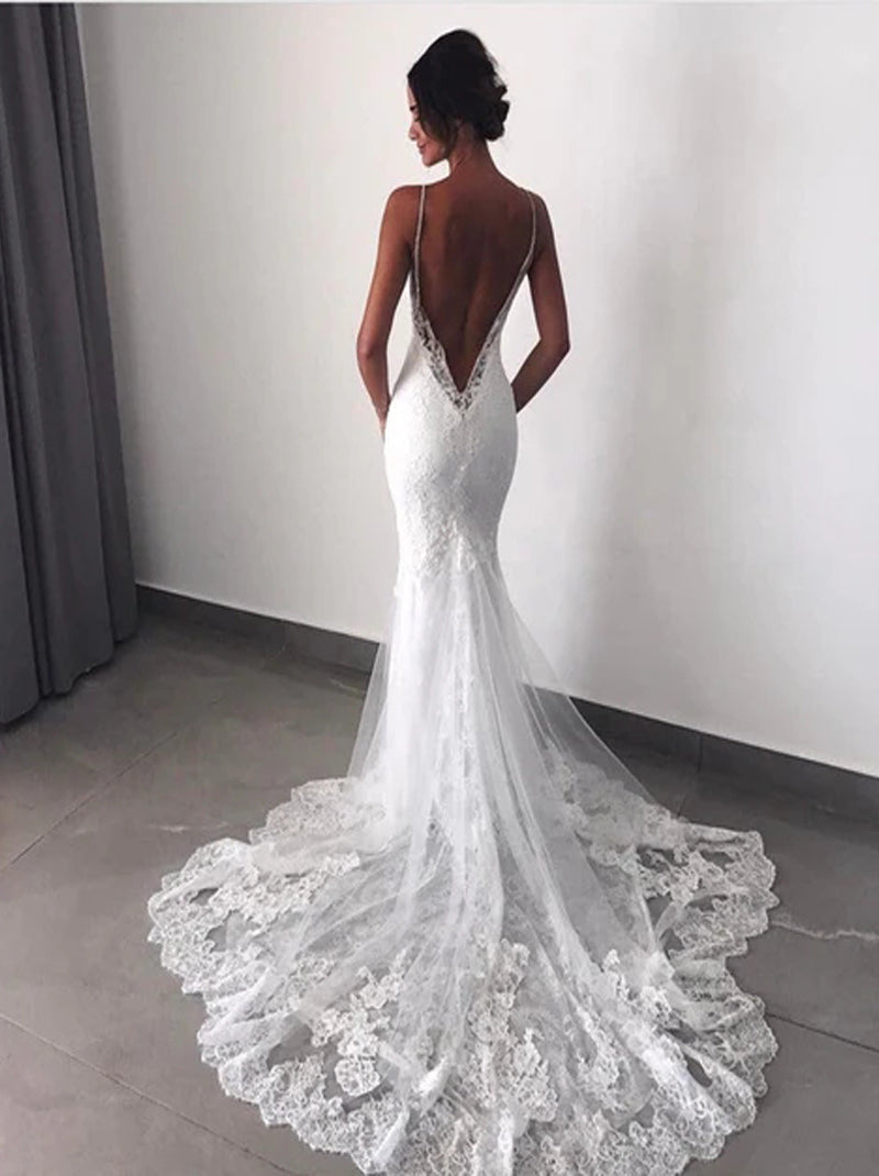 Sexy Mermaid Wedding Dresses Spaghetti Appliques Lace Sweep Train Tulle Bridal Gowns Custom Made