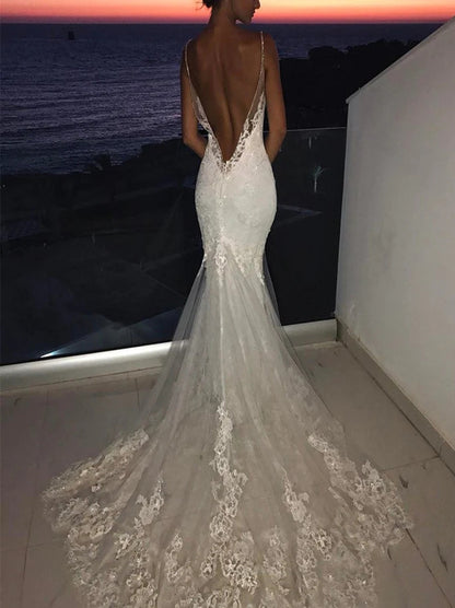 Sexy Mermaid Wedding Dresses Spaghetti Appliques Lace Sweep Train Tulle Bridal Gowns Custom Made