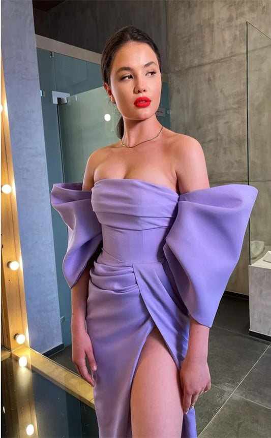 RP201-Sexy Purple Mermaid Off the Shoulder High Slit Puffy Sleeves Backless Satin Long Evening Dresses Party Prom Dresses Custom