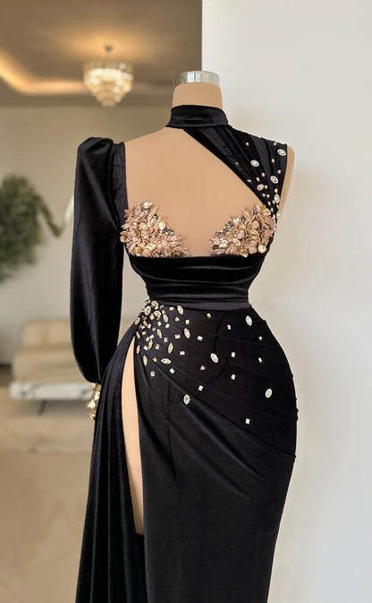 RP603-Gorgeous Black Mermaid High Neck Crystals Ruched Beaded Long Sleeves Long Prom Evening Dresses Formal Party Gowns With High Slit