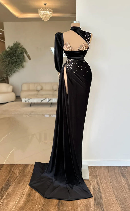 RP603-Gorgeous Black Mermaid High Neck Crystals Ruched Beaded Long Sleeves Long Prom Evening Dresses Formal Party Gowns With High Slit