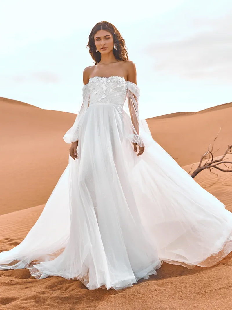 Charming & Elegant A-Line Wedding Dresses Sweetheart Appliqued Beads Tulle Sweep Train Bridal Gowns Custom