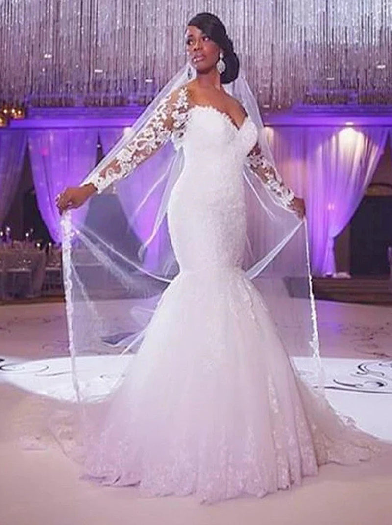 Sexy Mermaid Wedding Dresses Sweetheart Beads Sequins Lace Illusion Long Sleeves Tulle Sweep Train Bridal Gowns Custom Made