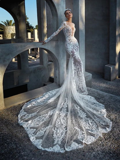 Gorgeous & Sexy Mermaid Wedding Dresses Scoop Appliqued Illusion Long Sleeves Tulle Court Train Bridal Gowns Custom Made