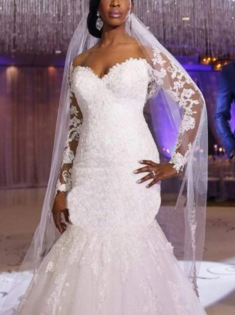 Sexy Mermaid Wedding Dresses Sweetheart Beads Sequins Lace Illusion Long Sleeves Tulle Sweep Train Bridal Gowns Custom Made