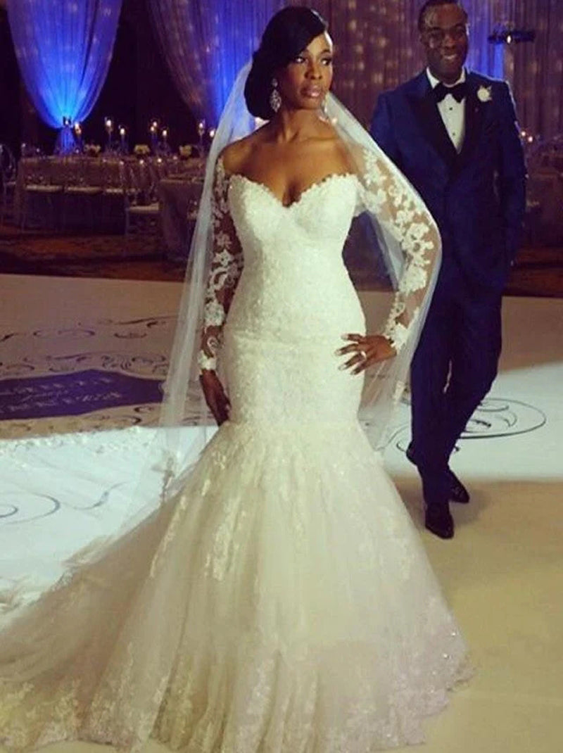 Sexy Mermaid Wedding Dresses Sweetheart Beads Sequins Lace Illusion Long Sleeves Tulle Sweep Train Bridal Gowns Custom Made