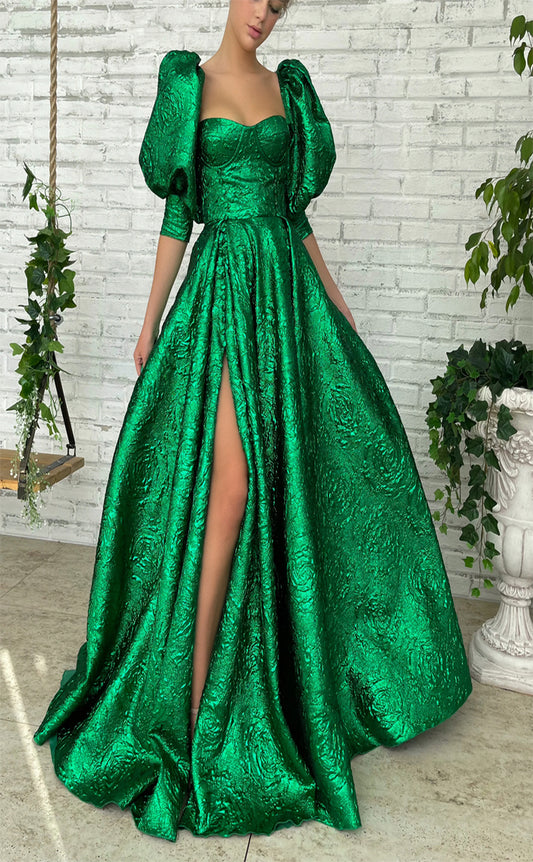 RP185-A-Line Sweetheart Detachable Puffy Sleeves Long Prom Evening Dresses Formal Party Gowns With Slit