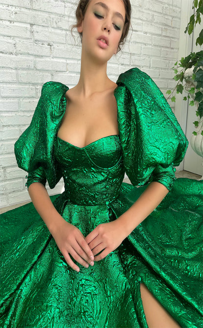 RP185-A-Line Sweetheart Detachable Puffy Sleeves Long Prom Evening Dresses Formal Party Gowns With Slit