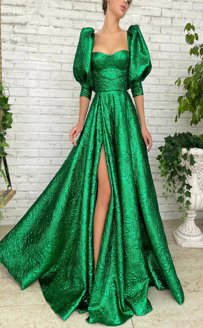 RP185-A-Line Sweetheart Detachable Puffy Sleeves Long Prom Evening Dresses Formal Party Gowns With Slit