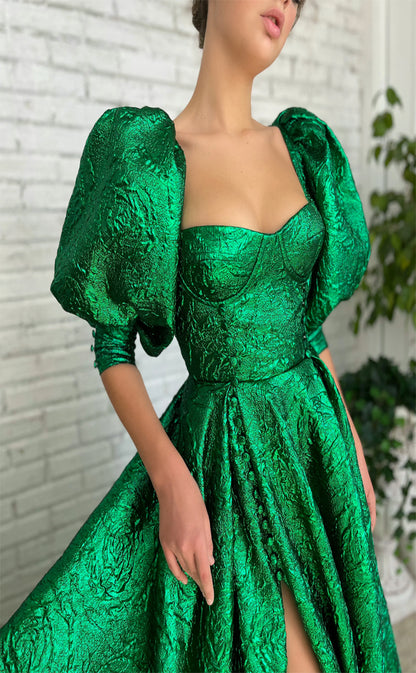 RP185-A-Line Sweetheart Detachable Puffy Sleeves Long Prom Evening Dresses Formal Party Gowns With Slit
