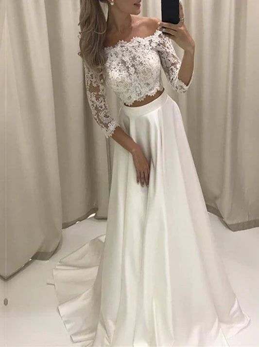 Two Pieces Ivory A-Line Wedding Dresses Off The Shoulder 3/4 Long Sleeves Lace Zipper Sweep Train Satin Bridal Gowns Custom Made