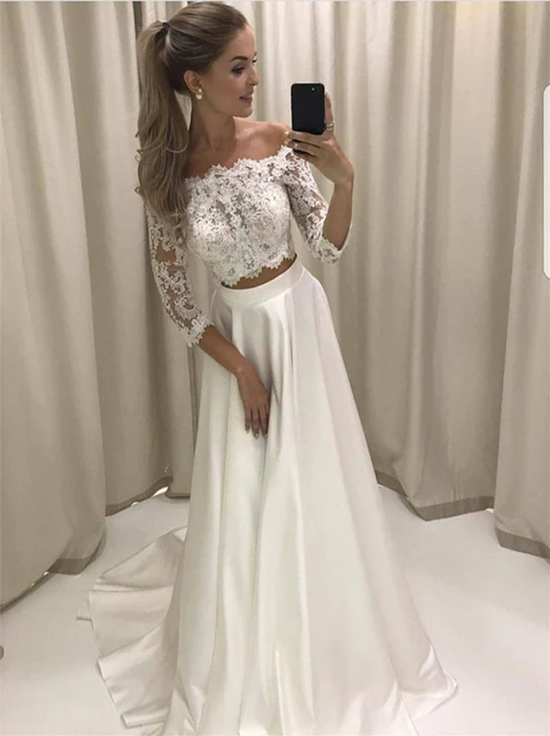 Two Pieces Ivory A-Line Wedding Dresses Off The Shoulder 3/4 Long Sleeves Lace Zipper Sweep Train Satin Bridal Gowns Custom Made