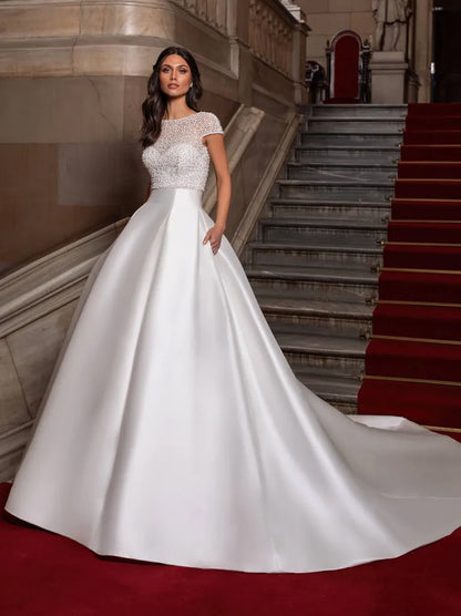 Simple & Elegant Ball Gown Boho Wedding Dresses Sweetheart Beads Satin Sweep Train Bridal Gowns Custom Made With Detachable Jacket