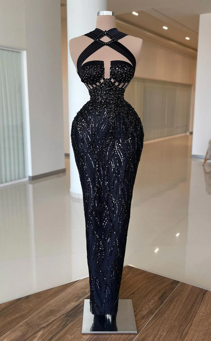 RP584-Elegant Black Mermaid High Neck Beads Ruched Sequins Long Satin Long Prom Evening Dresses Formal Party Gowns