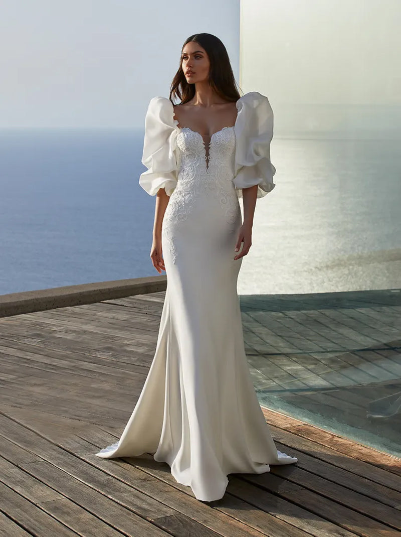 Gorgeous & Charming Mermaid Wedding Dresses Sweetheart Appliqued Satin Sweep Train Bridal Gowns With Puffy Sleeves