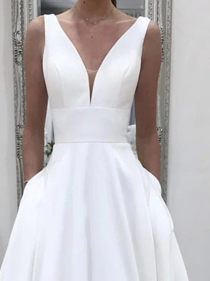 Simple A-Line Wedding Dresses V-Neck Sleeveless Sash Belt Sweep Train Satin Bridal Gowns Custom Design