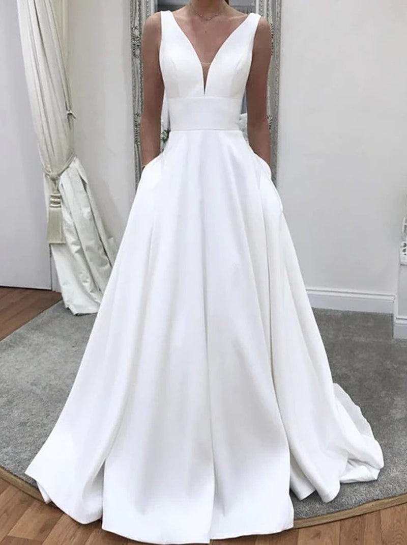 Simple A-Line Wedding Dresses V-Neck Sleeveless Sash Belt Sweep Train Satin Bridal Gowns Custom Design