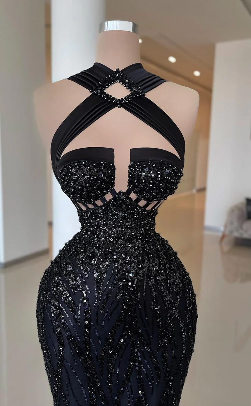 RP584-Elegant Black Mermaid High Neck Beads Ruched Sequins Long Satin Long Prom Evening Dresses Formal Party Gowns