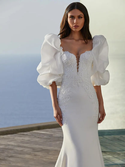 Gorgeous & Charming Mermaid Wedding Dresses Sweetheart Appliqued Satin Sweep Train Bridal Gowns With Puffy Sleeves