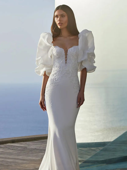 Gorgeous & Charming Mermaid Wedding Dresses Sweetheart Appliqued Satin Sweep Train Bridal Gowns With Puffy Sleeves