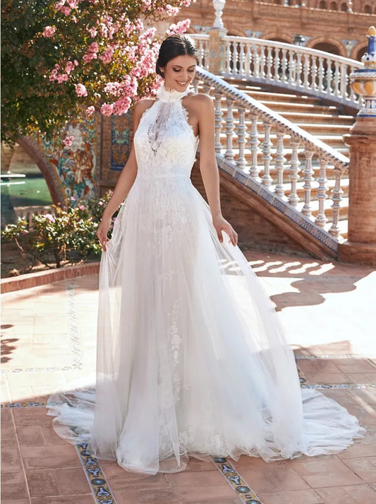 Elegant A-Line Wedding Dresses Halter Appliqued  Tulle Sweep Train Bridal Gowns Custom Made