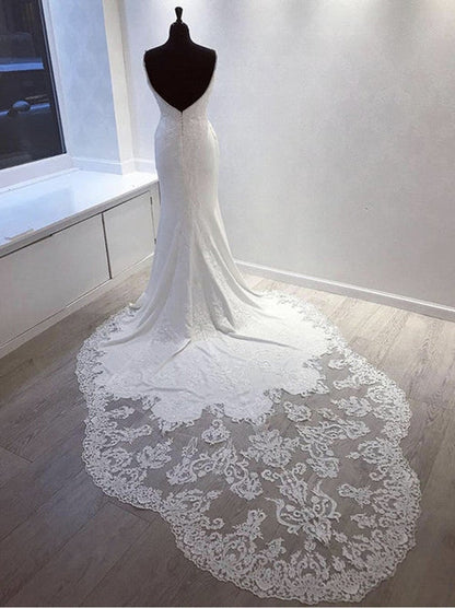 Elegant Mermaid Wedding Dresses Spaghetti Appliques Lace Sleeveless Court Train Satin Bridal Gowns Custom Made