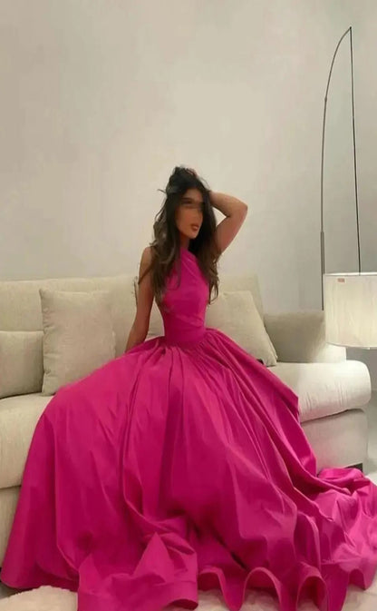 RP105-Elegant Fuchsia Yellow A-Line One Shoulder Zipper Back Pleats Long Satin Prom Dresses With Pockets Party Evening Gowns