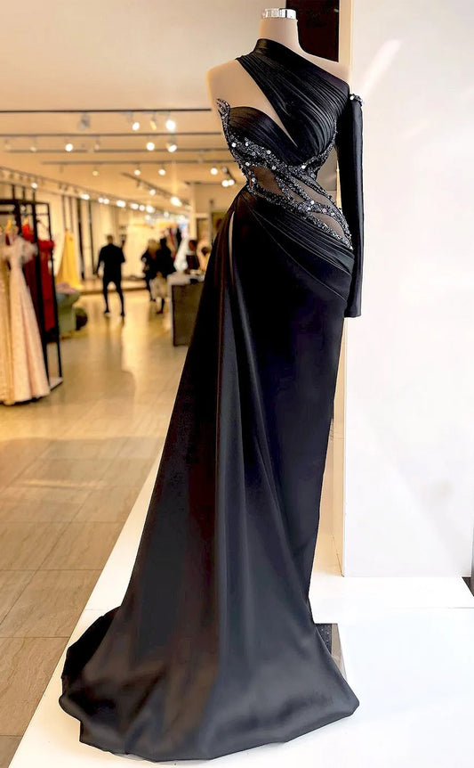 RP583-Elegant Black Mermaid One Shoulder Beads Sequins Ruched Sleeveless Long Prom Evening Dresses Formal Party Gowns