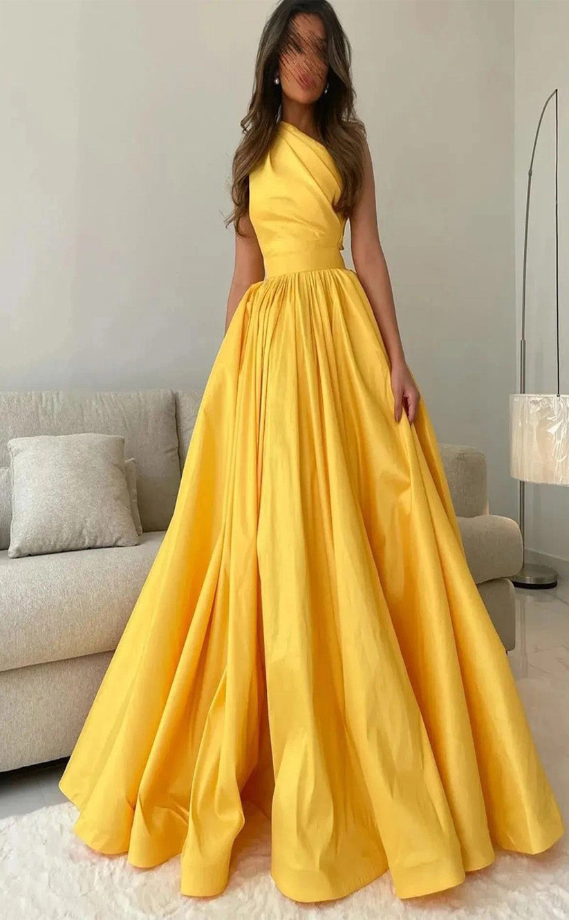 RP105-Elegant Fuchsia Yellow A-Line One Shoulder Zipper Back Pleats Long Satin Prom Dresses With Pockets Party Evening Gowns