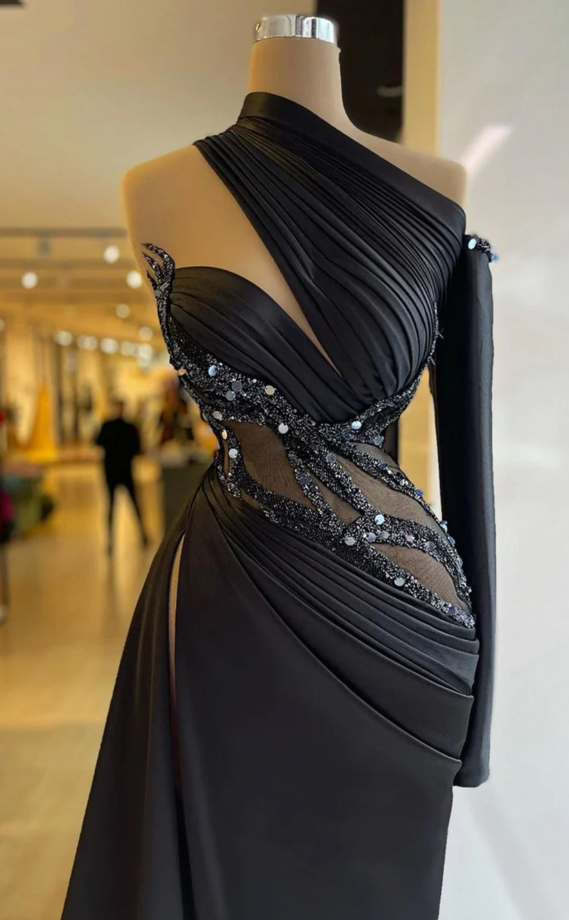 RP583-Elegant Black Mermaid One Shoulder Beads Sequins Ruched Sleeveless Long Prom Evening Dresses Formal Party Gowns