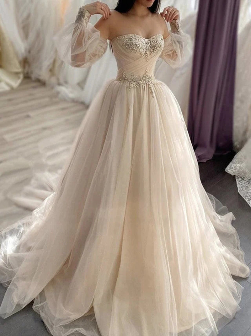 Champagne A-Line Wedding Dresses Sweetheart Beads Appliques Long Sleeves Lace Up Tulle Sweep Train Bridal Gowns Custom Made