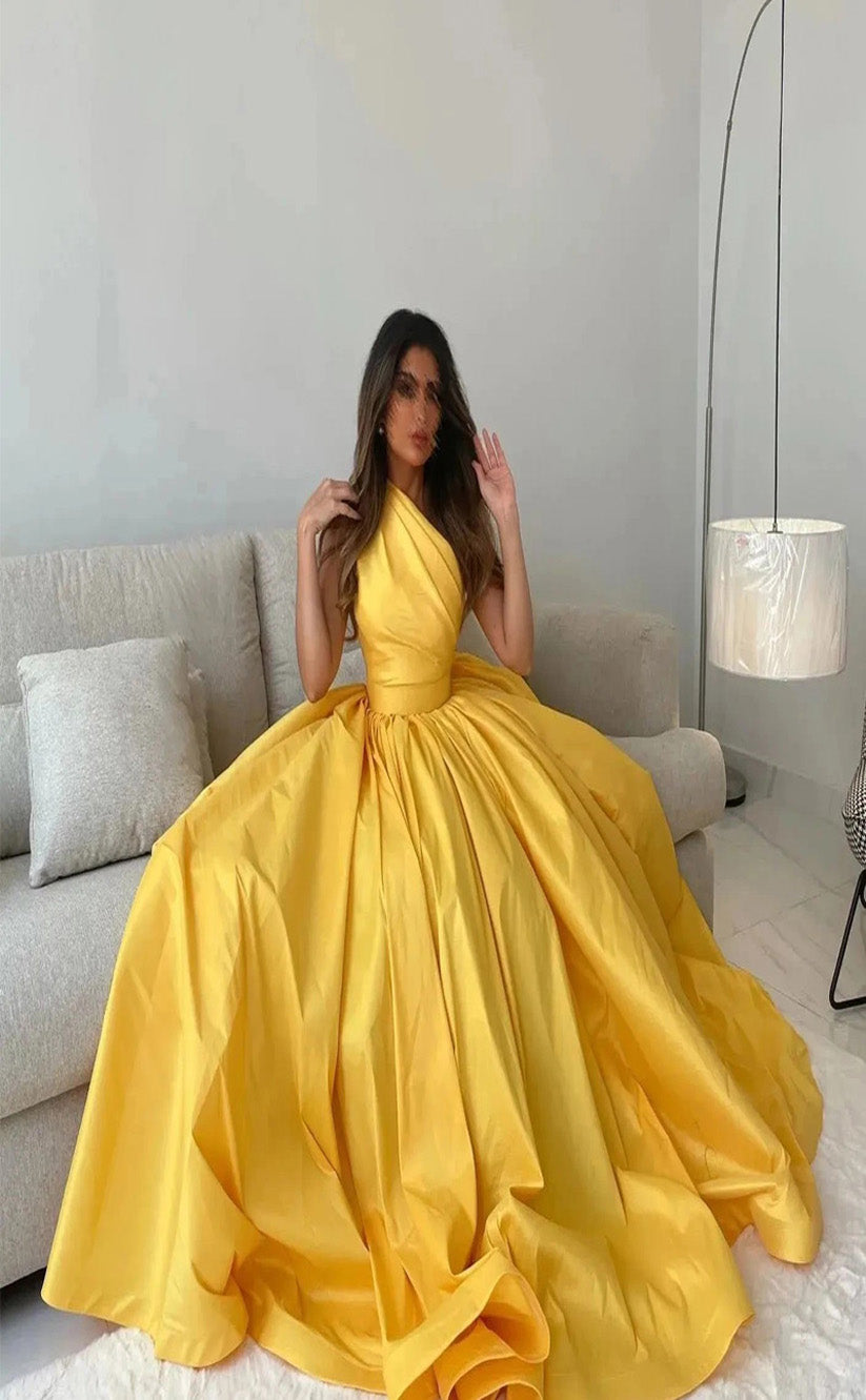 RP105-Elegant Fuchsia Yellow A-Line One Shoulder Zipper Back Pleats Long Satin Prom Dresses With Pockets Party Evening Gowns