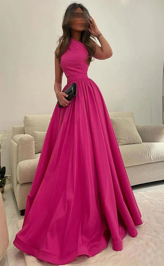 RP105-Elegant Fuchsia Yellow A-Line One Shoulder Zipper Back Pleats Long Satin Prom Dresses With Pockets Party Evening Gowns