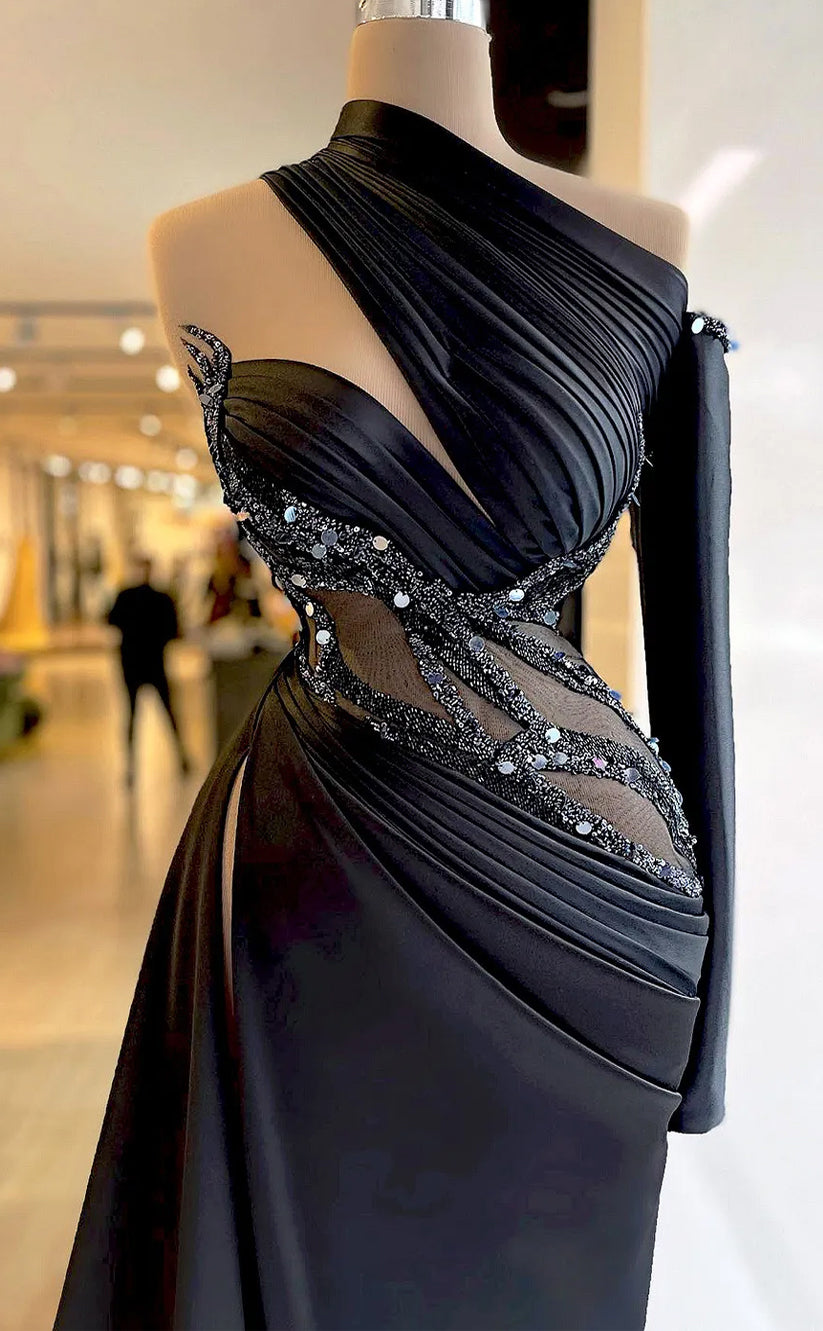 RP583-Elegant Black Mermaid One Shoulder Beads Sequins Ruched Sleeveless Long Prom Evening Dresses Formal Party Gowns