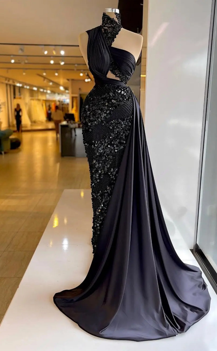 RP582-Elegant Black Mermaid High Neck Beads Ruched Sequins Long Satin Long Prom Evening Dresses Formal Party Gowns