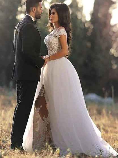 Charming Ball Gown Wedding Dresses Sweetheart Appliques Lace Cap Sleeves Sweep Train Tulle Bridal Gowns Custom Made