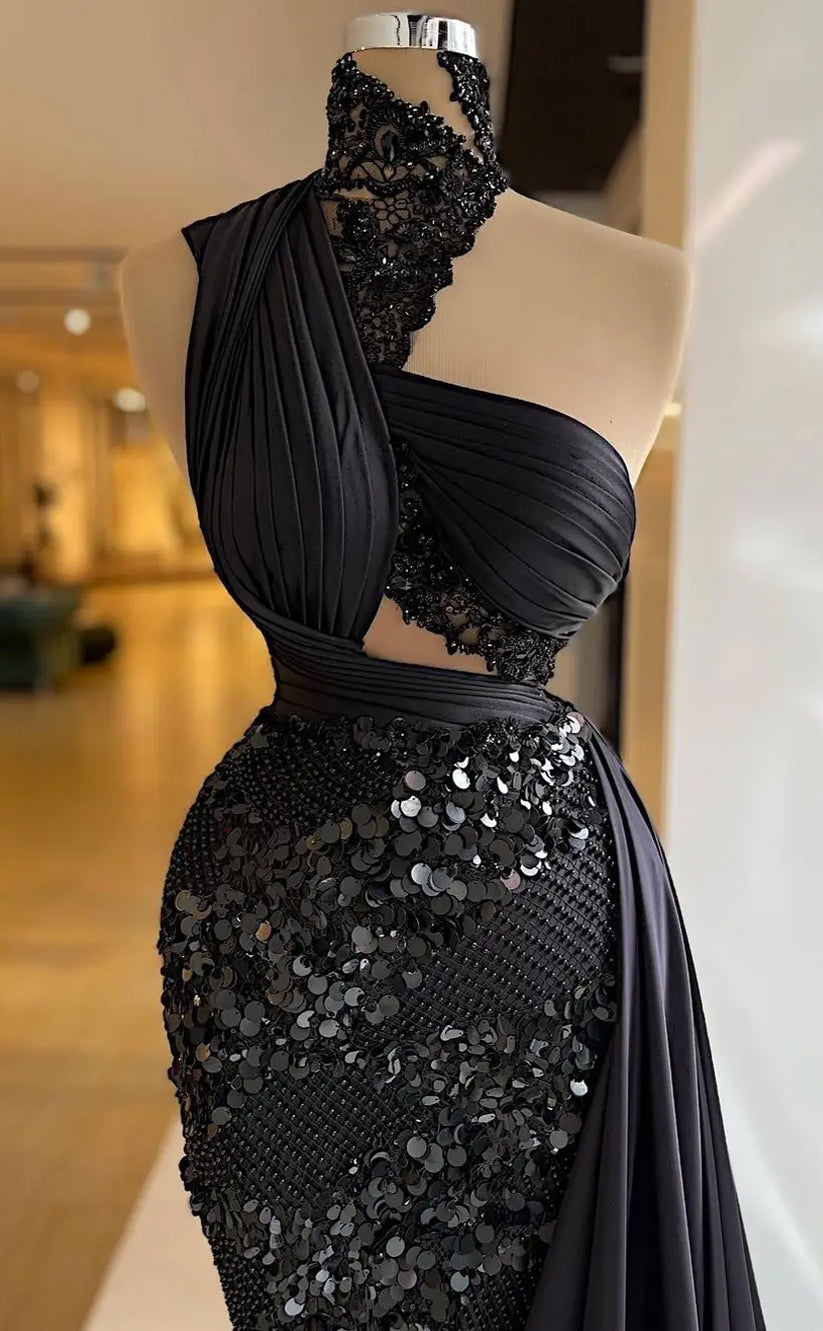 RP582-Elegant Black Mermaid High Neck Beads Ruched Sequins Long Satin Long Prom Evening Dresses Formal Party Gowns