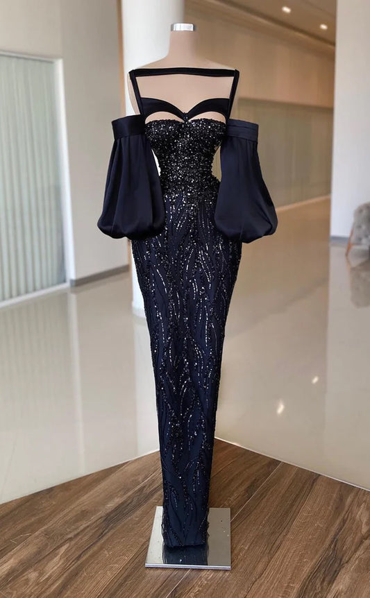 RP580-Elegant Black Mermaid Halter Beads Sequins Puffy Long Sleeves Long Prom Evening Dresses Formal Party Gowns