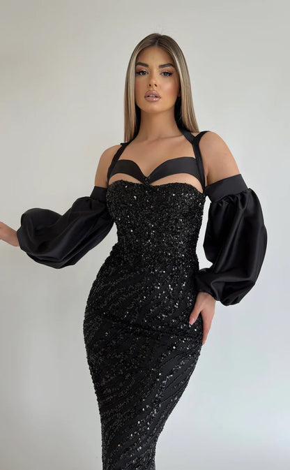 RP580-Elegant Black Mermaid Halter Beads Sequins Puffy Long Sleeves Long Prom Evening Dresses Formal Party Gowns