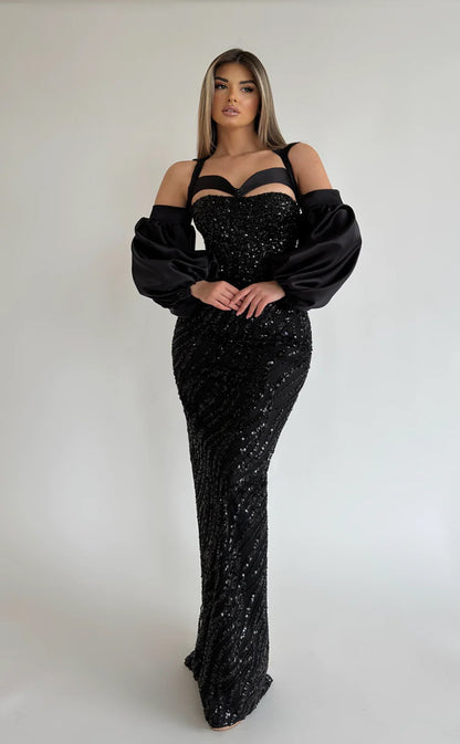 RP580-Elegant Black Mermaid Halter Beads Sequins Puffy Long Sleeves Long Prom Evening Dresses Formal Party Gowns