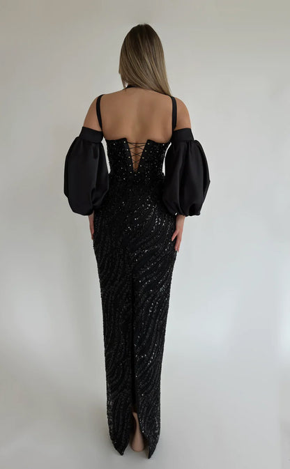 RP580-Elegant Black Mermaid Halter Beads Sequins Puffy Long Sleeves Long Prom Evening Dresses Formal Party Gowns