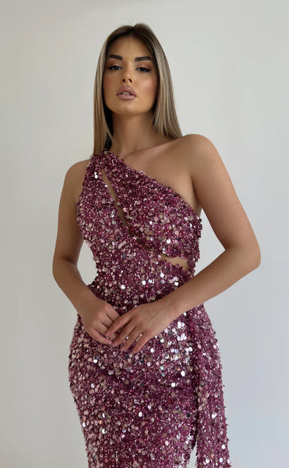 RP579-Elegant Purple Mermaid One Shoulder Beads Sequins  Sleeveless Long Prom Evening Dresses Formal Party Gowns With Cut  Out