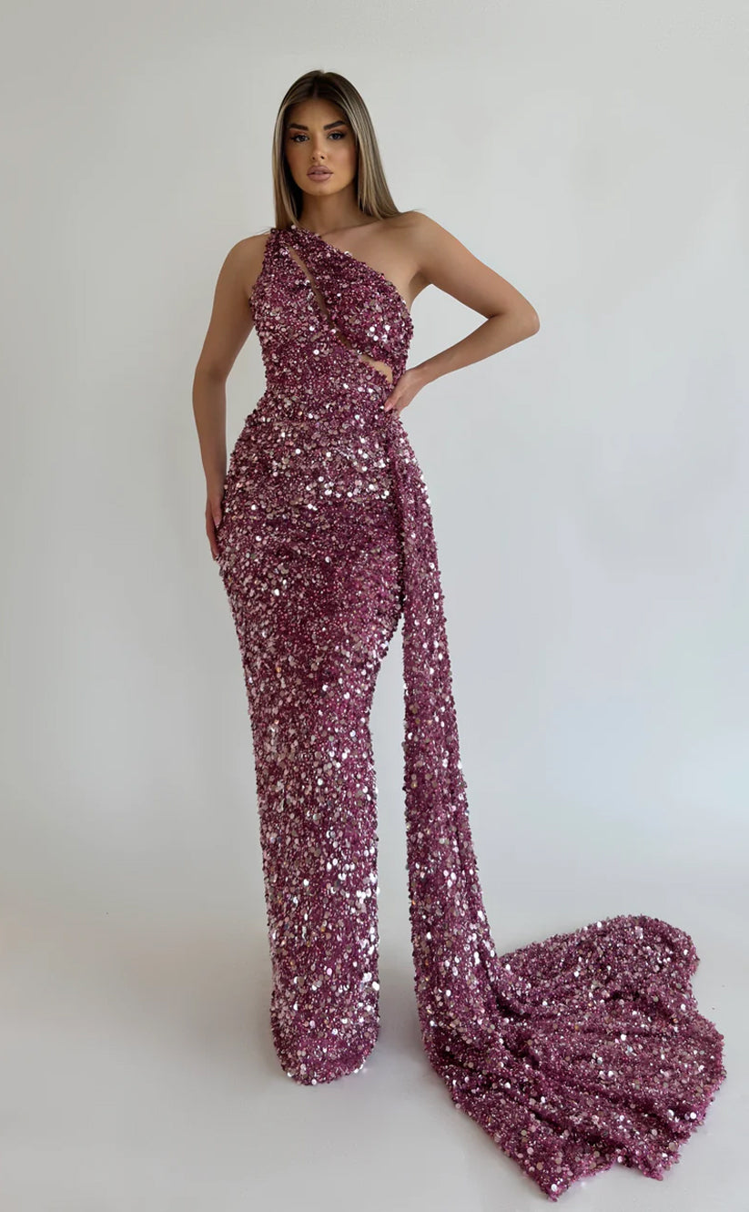 RP579-Elegant Purple Mermaid One Shoulder Beads Sequins  Sleeveless Long Prom Evening Dresses Formal Party Gowns With Cut  Out